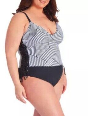RACHEL RACHEL ROY Side Laced Grommet One Piece Geo Stripe Swimsuit Size 3X